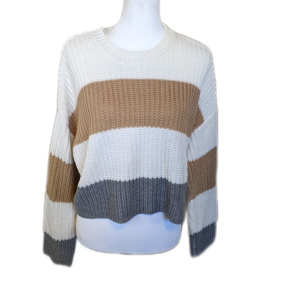 Moon & Madison cropped sweater, cream, tan, gray stripes, loose knit S